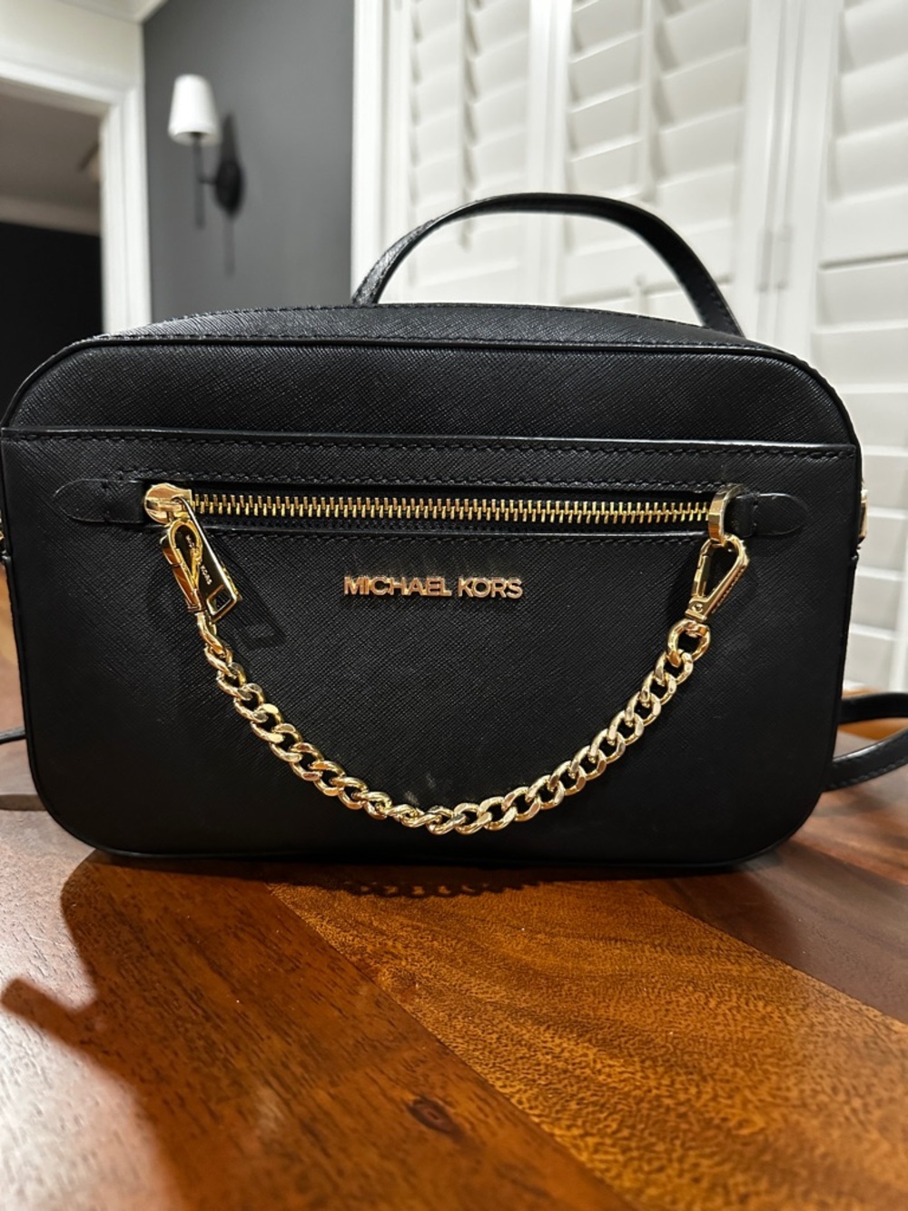 Michael Kors Black Crossbody Camera Bag with Gold Chain Detail